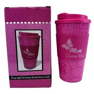 Mom I Love You Butterfly Travel Tumbler 16oz Hot Cold Pink Gift Box